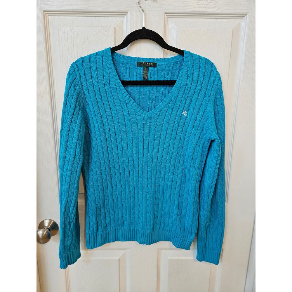 Lauren Ralph Lauren Cable Knit Sweater Women’s Large Blue Cotton V Neck Logo